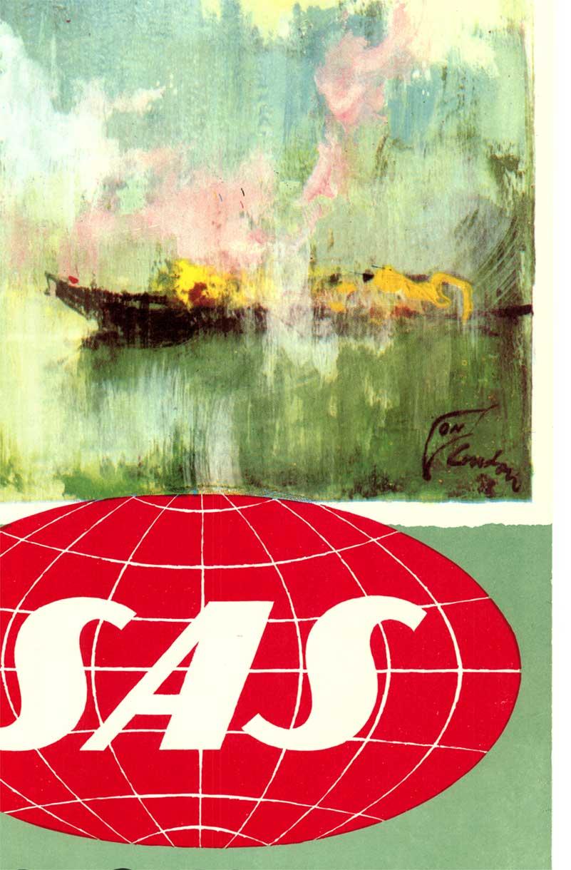 Original-Erstdruck von London von SAS, Scandinavian Airlines System.   Die erste Ausgabe hat eine mintgrüne Tafel am Boden.   Das Plakat zeigt außerdem das SAS-Logo unten links in Farbe, nicht in Schwarz-Weiß wie bei späteren Ausgaben.   In der