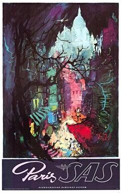 Original Paris SAS, Scandinavian Airlines System vintage travel poster