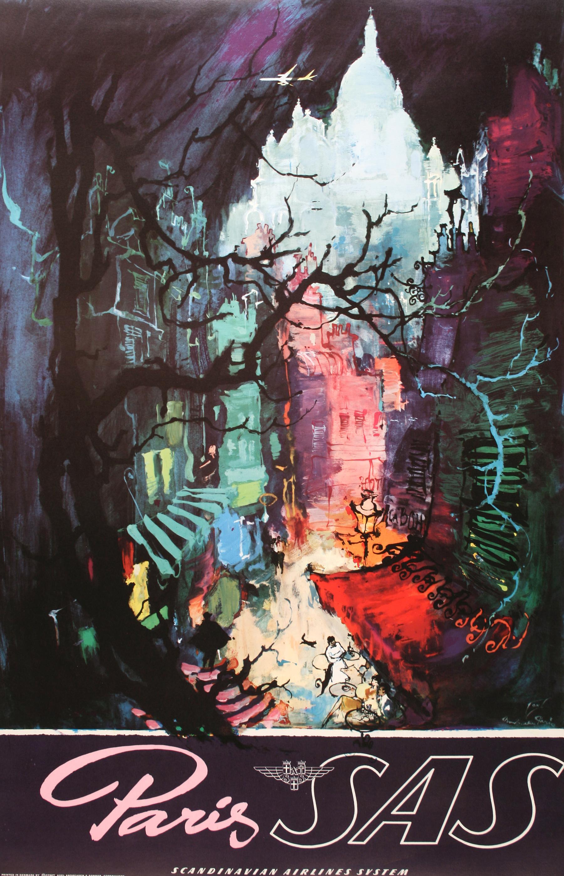 SAS Paris Night Scene is a travel poster created by Otto Nielsen. The artwork was commissioned by Scandinavian Airline System (S.A.S.), which is known today as Scandinavian Airlines. Nielsen created many beautiful posters for SAS from 1954 to 1976.
