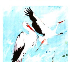 Original "S.A.S. Scandinavia Airlines" vintage travel poster with 2 storks