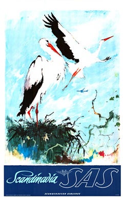 Original "S.A.S. Scandinavia Airlines" Vintage travel poster with 2 storks