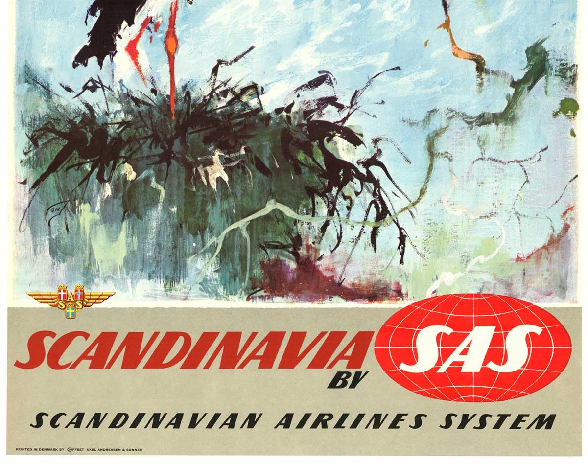 Original first edition printing of Scandinavia by SAS, Scandinavian Airlines System.   The first edition has a greyish panel along the bottom.   The poster also features the SAS logo on the lower left in color, not black and white on later editions.