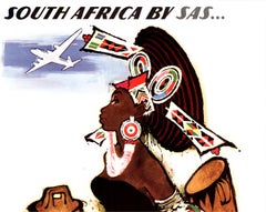 Originale South Africa by SAS - Otto Nielsen - poster d'epoca della compagnia aerea - su lino