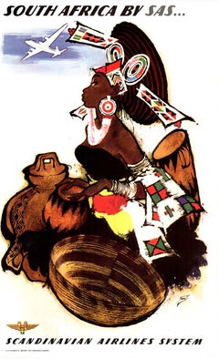 Original South Africa by SAS - Otto Nielsen - affiche vintage de compagnie aérienne - sur lin