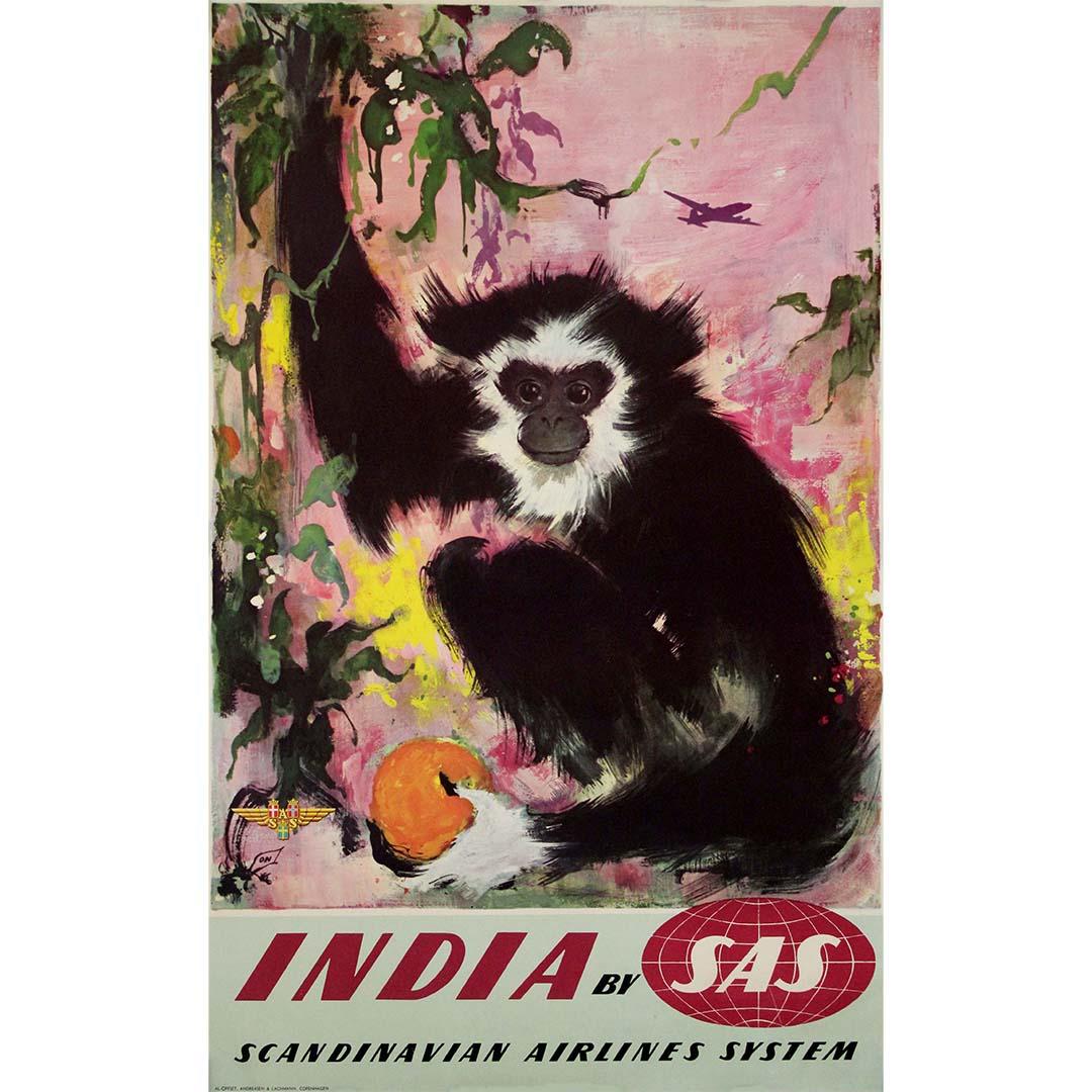 The circa 1960 original travel poster by Otto Nielsen for SAS (Scandinavian Airlines System) promoting travel to India is a captivating piece that reflects the excitement and allure of international air travel during the mid-20th century. Created by