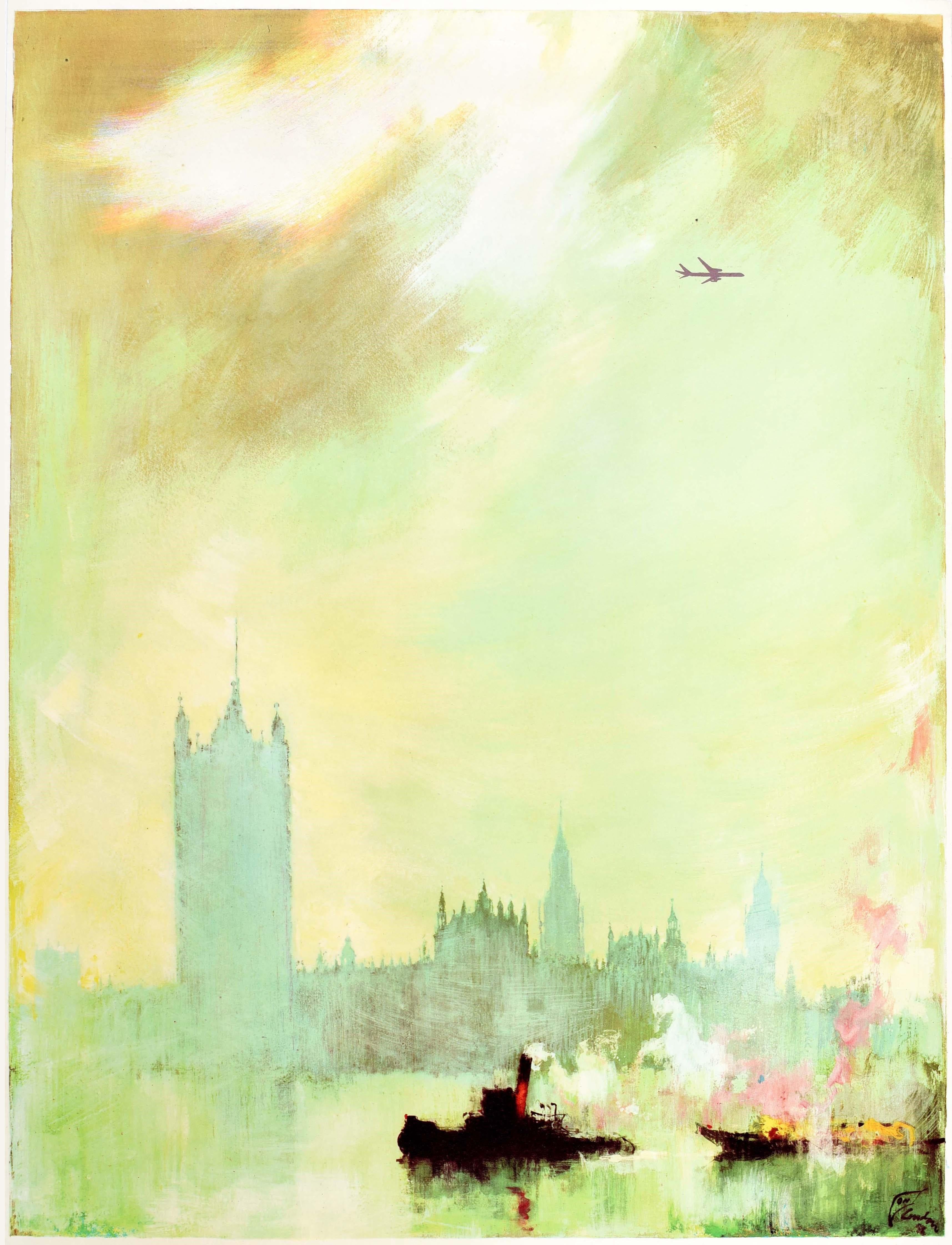 Original Vintage Poster London SAS Scandinavian Airline Travel Parliament Thames - Beige Print by Otto Nielsen
