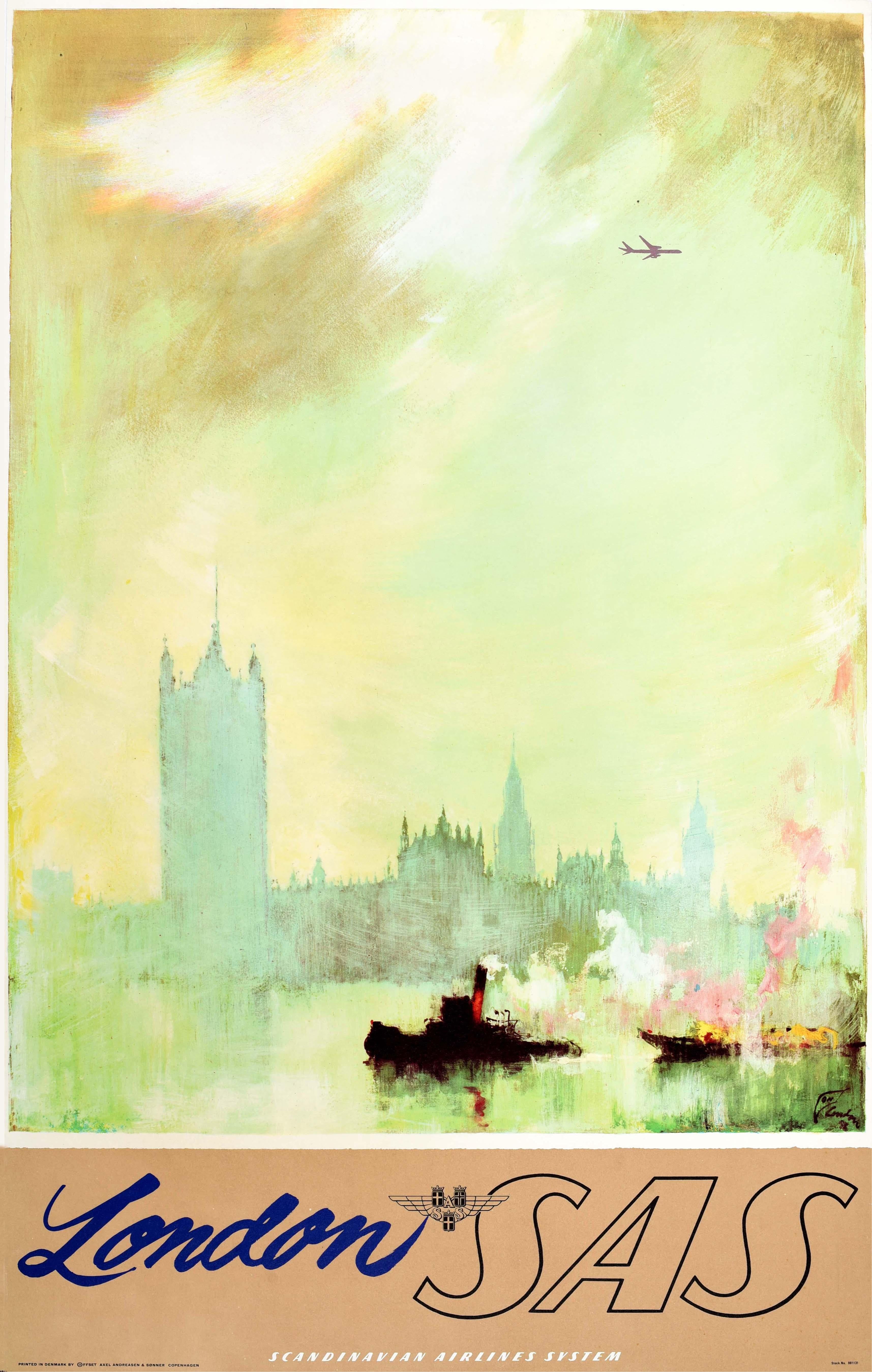 Otto Nielsen Print - Original Vintage Poster London SAS Scandinavian Airline Travel Parliament Thames