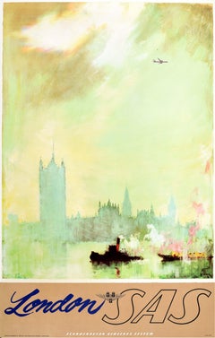 Original Vintage Poster London SAS Scandinavian Airline Travel Parliament Thames