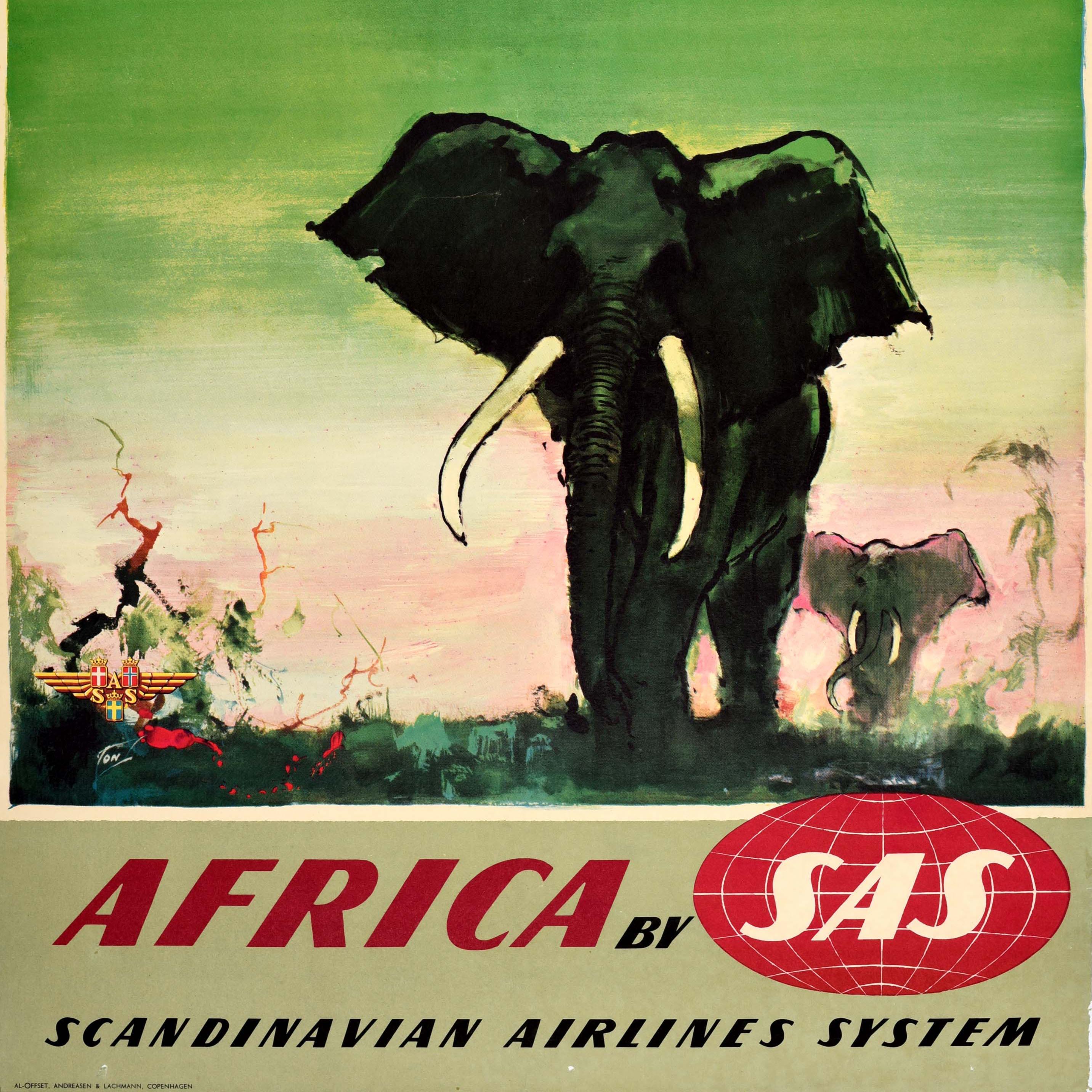 Original Vintage-Reiseplakat - Afrika von SAS Scandinavian Airlines System - mit atemberaubenden Kunstwerken des bedeutenden dänischen Künstlers Otto Nielsen (1916-2000) von Elefanten, die in der Savanne auf den Betrachter zugehen, mit einem