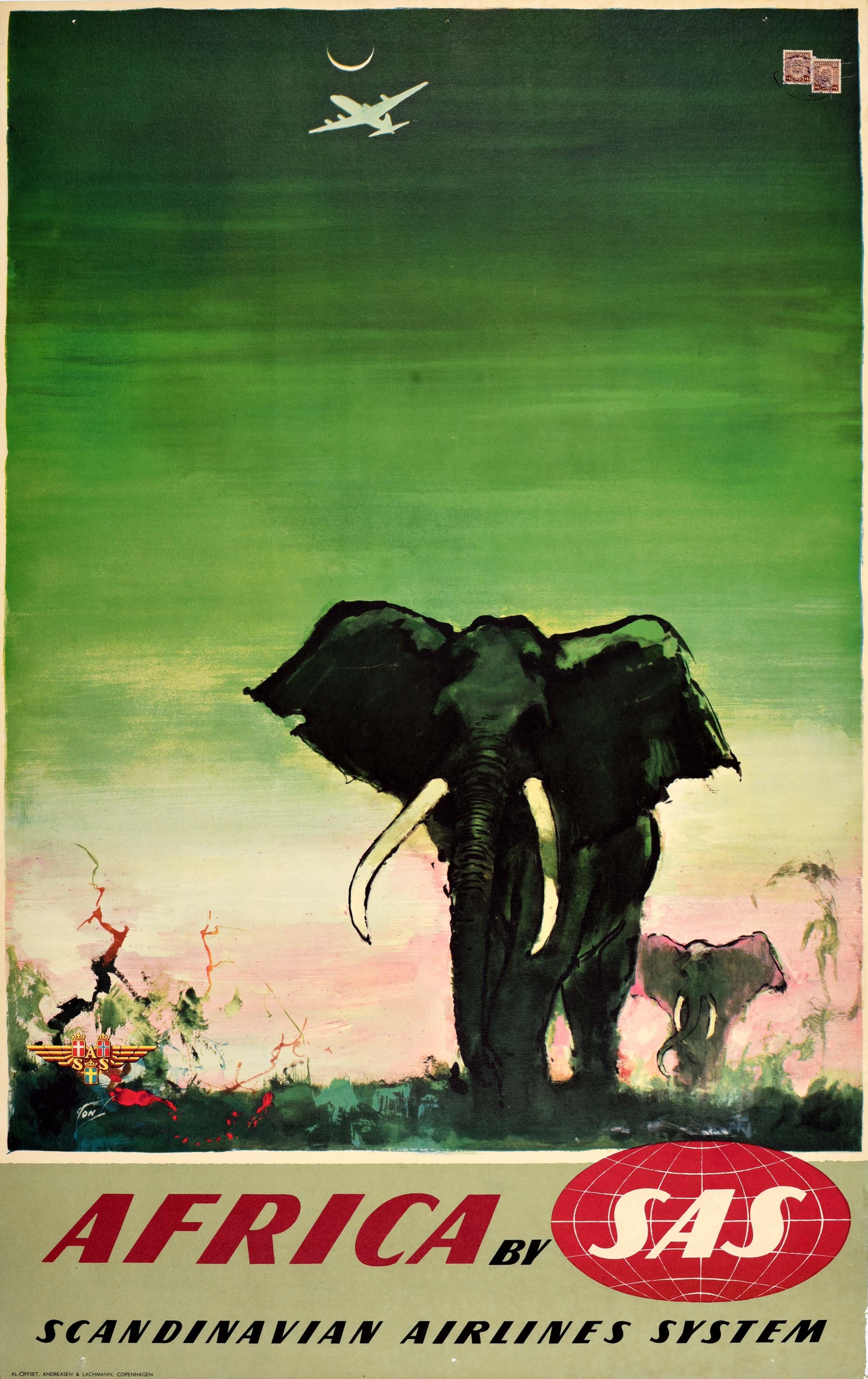 Otto Nielsen Print – Original-Vintage-Reiseplakat Afrika SAS Airline Otto Nielson, Elefanten-Design