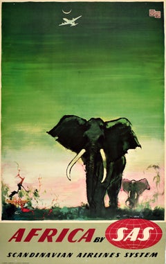 Affiche de voyage vintage d'Afrique de la compagnie SAS Airline Otto Nielson, dessin d'éléphants