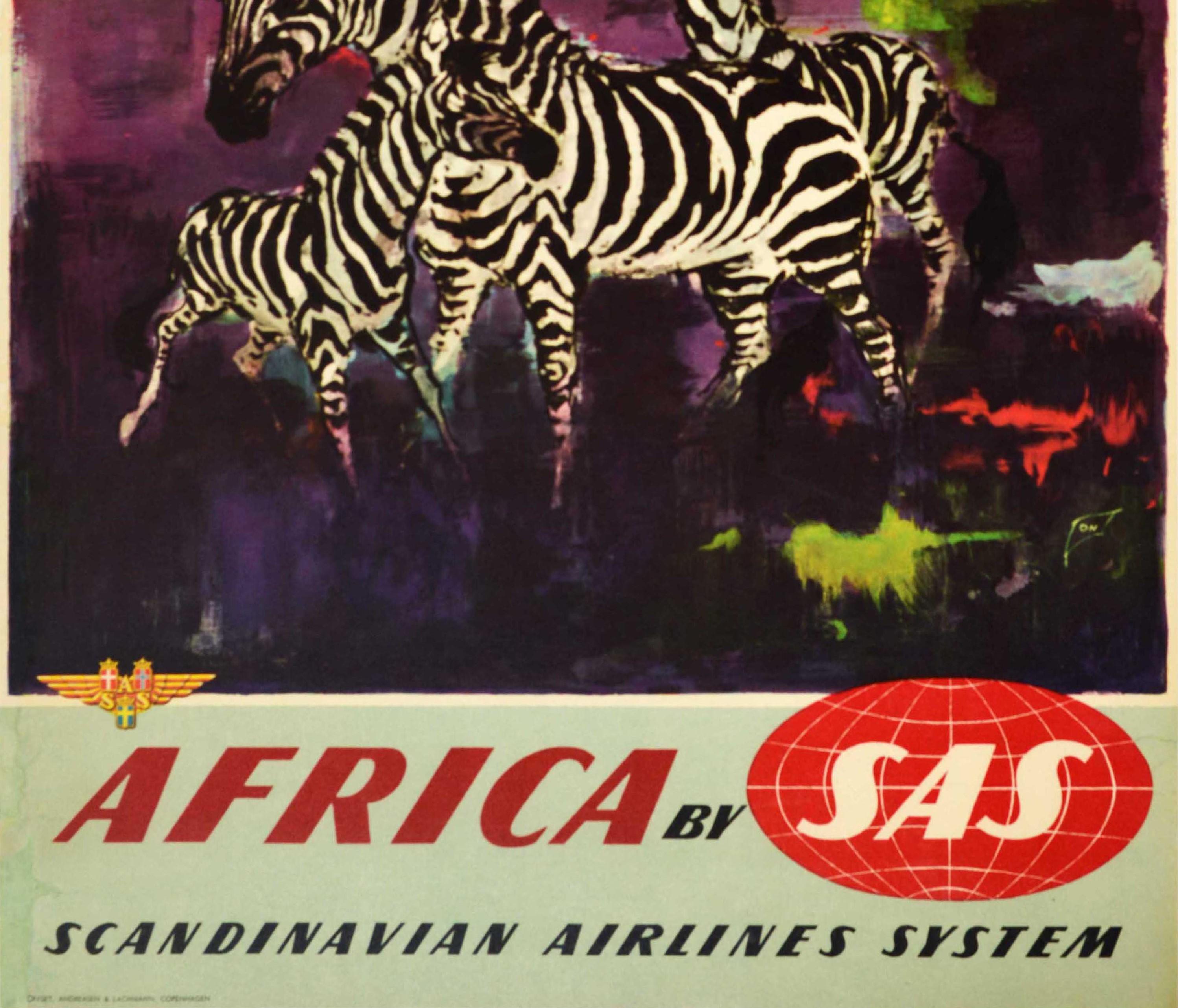 Affiche rétro originale de voyage, Africa, SAS, Compagnie aérienne scandinave, Zebra Art - Noir Print par Otto Nielsen