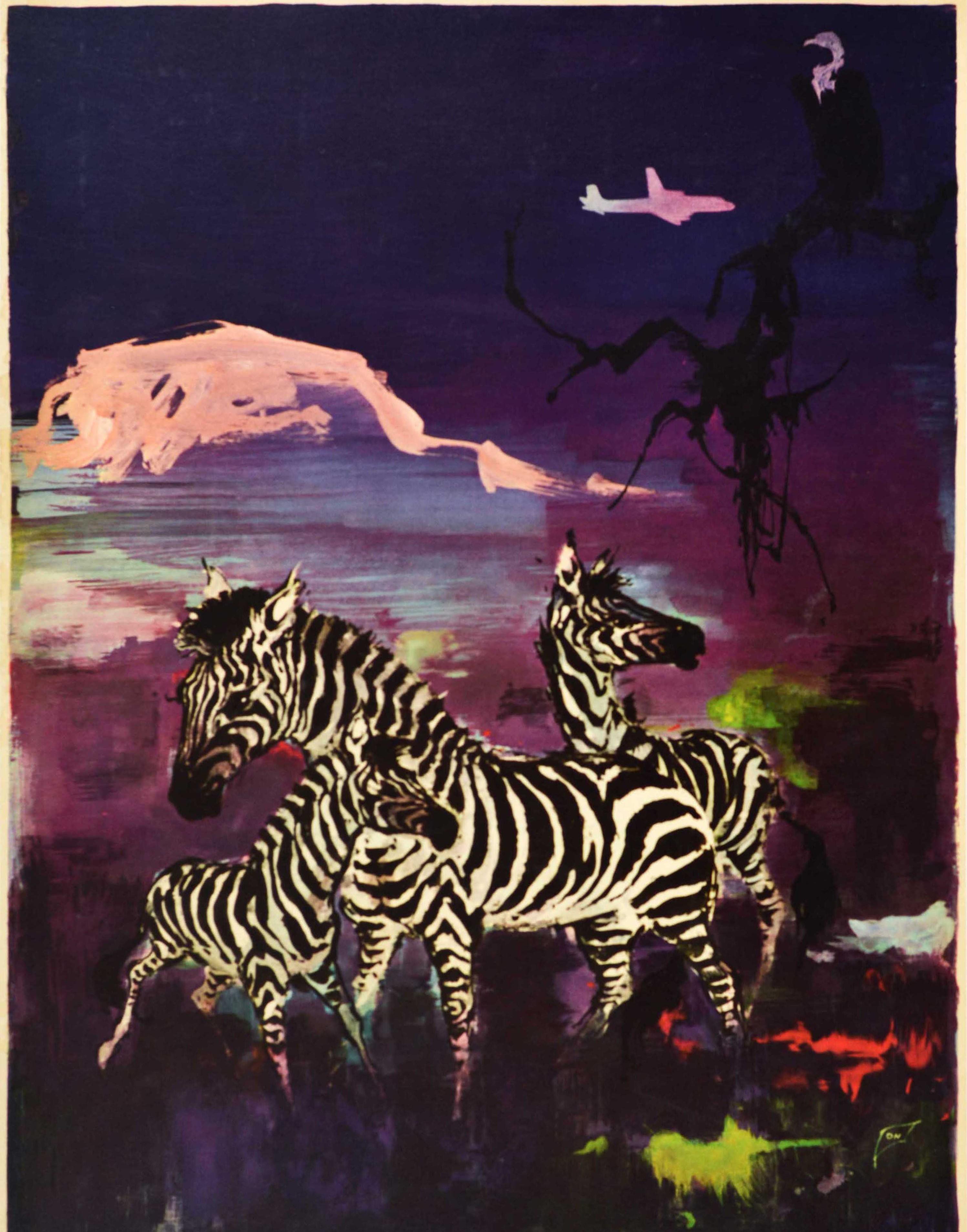 Affiche de voyage originale pour l'Afrique, émise par SAS Scandinavian Airlines System, présentant un dessin coloré d'Otto Nielsen (1916-2000) représentant des zèbres dans un ciel nocturne violet, un vautour assis sur une branche d'arbre et un avion