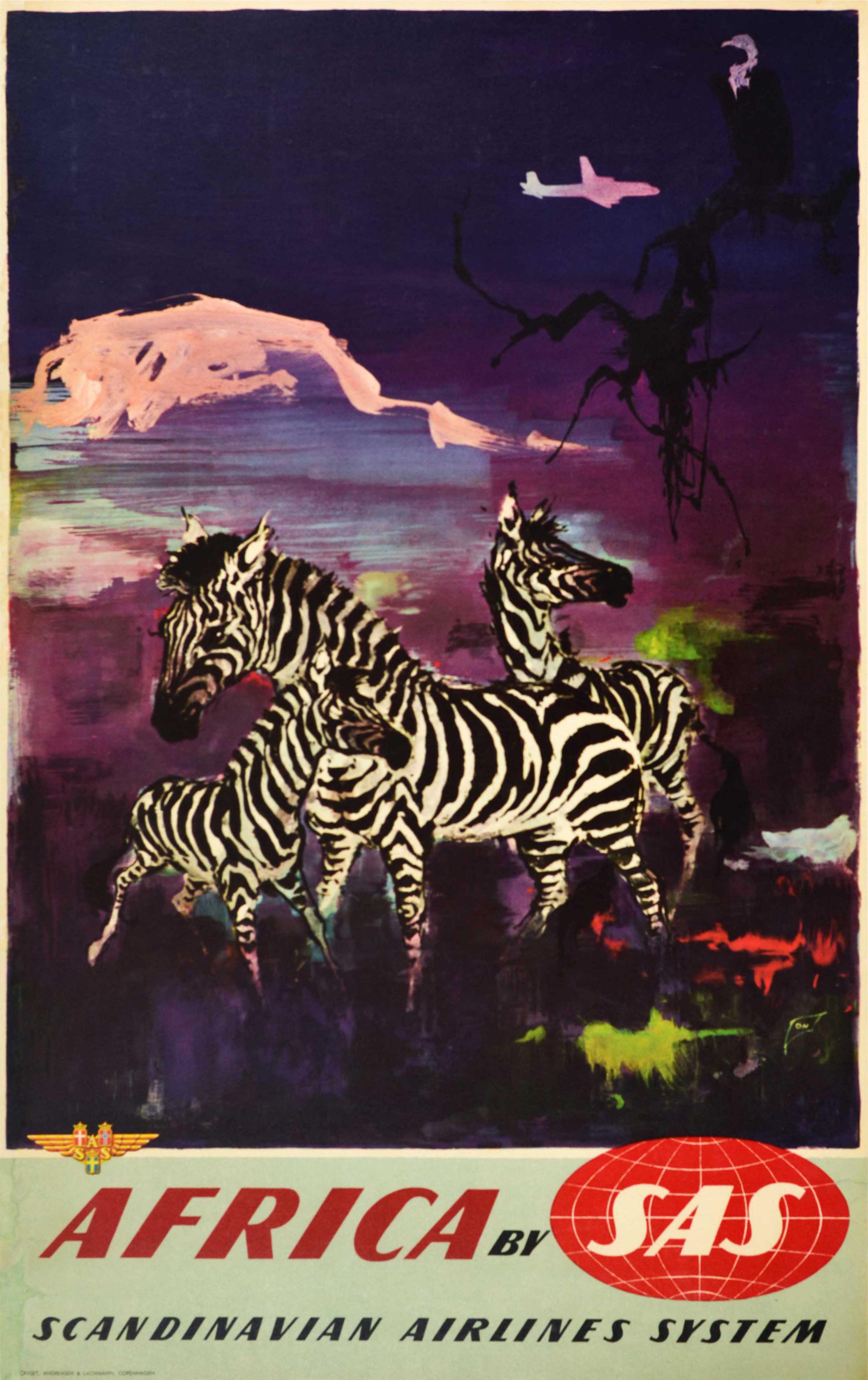 Print Otto Nielsen - Affiche rétro originale de voyage, Africa, SAS, Compagnie aérienne scandinave, Zebra Art