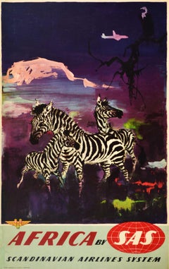 Original Vintage Travel Poster Africa SAS Scandinavian Airlines System Zebra Art