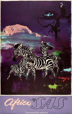 otto nielsen sas Original Vintage Travel Poster Africa SAS Scandinavian Airlines Zebra Mountain