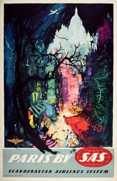 Original Vintage Travel Poster Paris SAS Scandinavian Airlines Montmartre France
