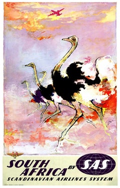 Original Vintage SAS Scandinavian Airlines South Africa Travel Poster - on linen