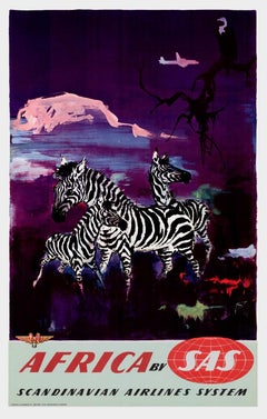 Otto Nielsen – SAS Africa Zebras, 1950s Original Lithograph Poster  on linen