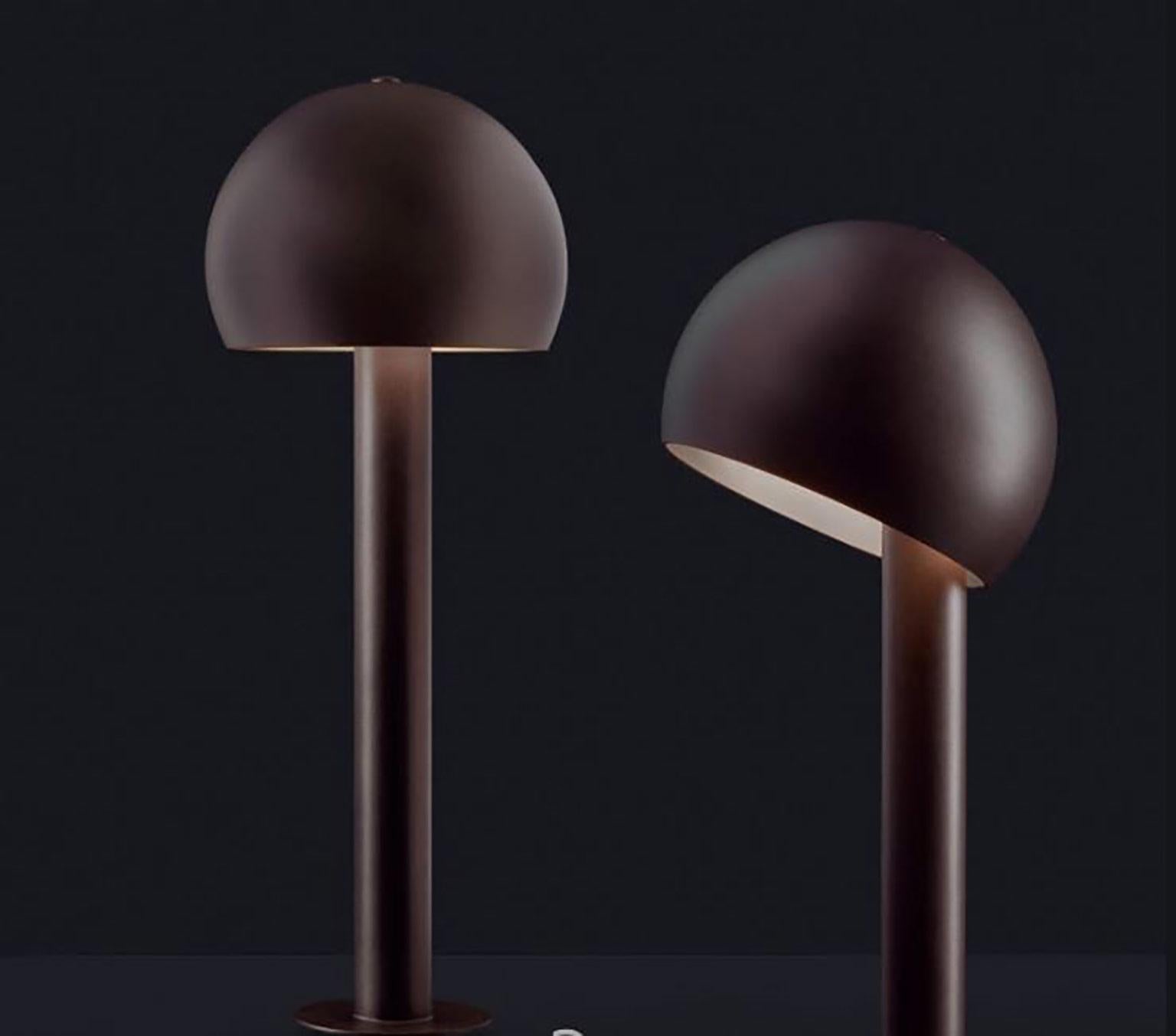 Otto outdoor lamp by Federica Farina for Oluce. The lamp has a sleek dome shape that can be directed in any direction. A mounting disc is attached to the base from which a cylindrical stem arises and at the top of the stem, the adjustable hemisphere