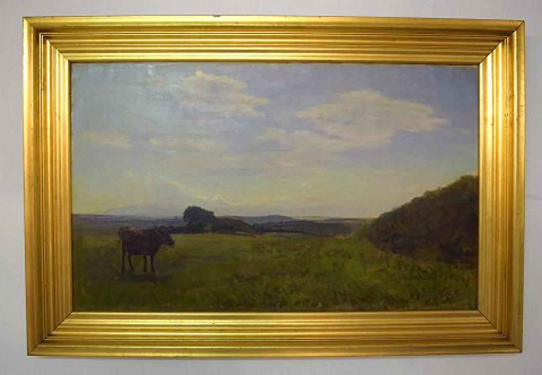 Otto P. Balle, 1865-1916. Impressionist Danish summer landscape with grazing cow. Oil on canvas. Well listed Danish artist.
Signed: Otto P. Balle.
Measures: 51.5 x 84 cm. The frame measures: 9.5 cm.
In very good condition.
