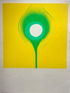 Vintage Telegelb - original Otto Piene color seriograph ZERO art green flower on yellow