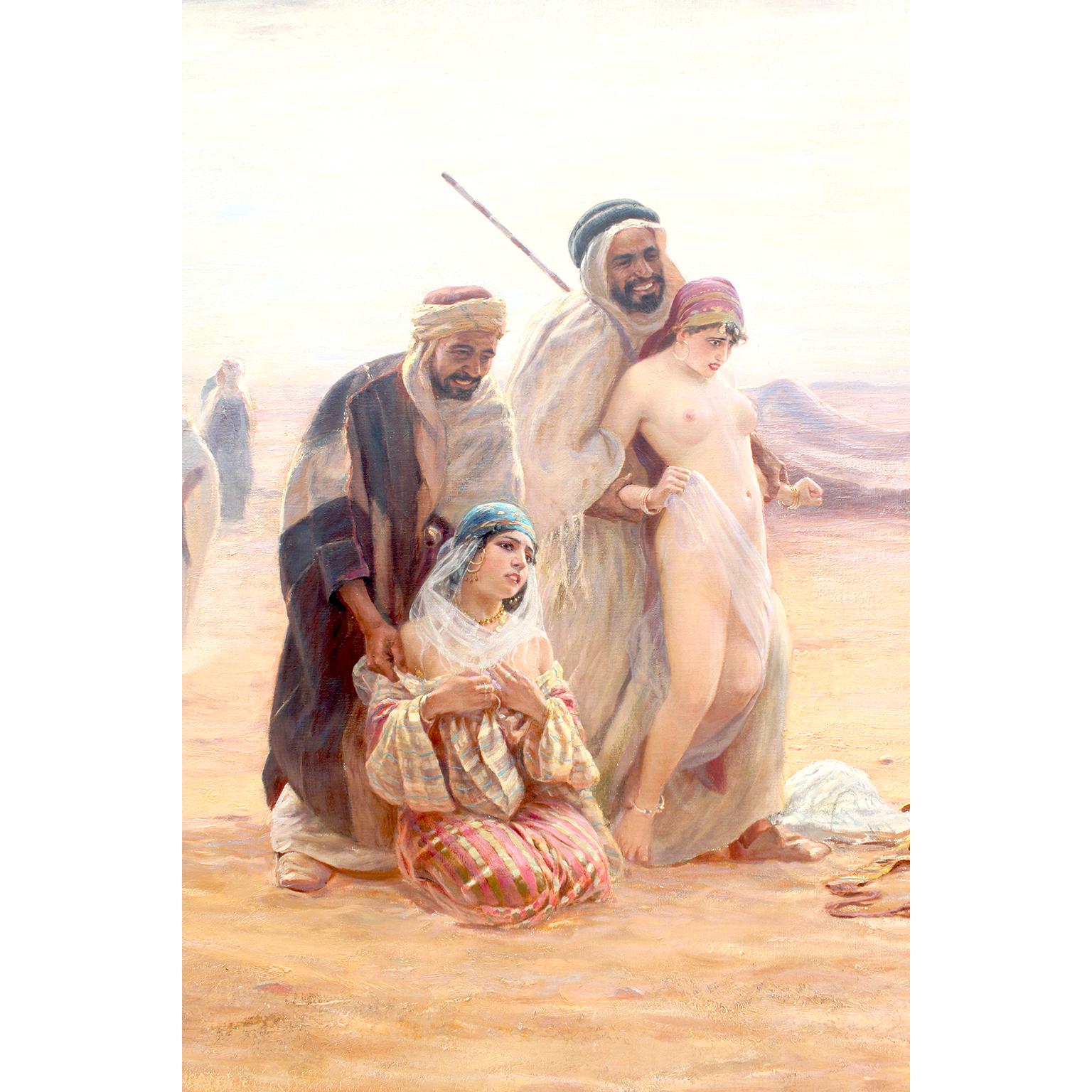 Peint Huile orientaliste sur toile Otto Pilny « Le marché aux esclaves », une scène d'Afrique du Nord en vente