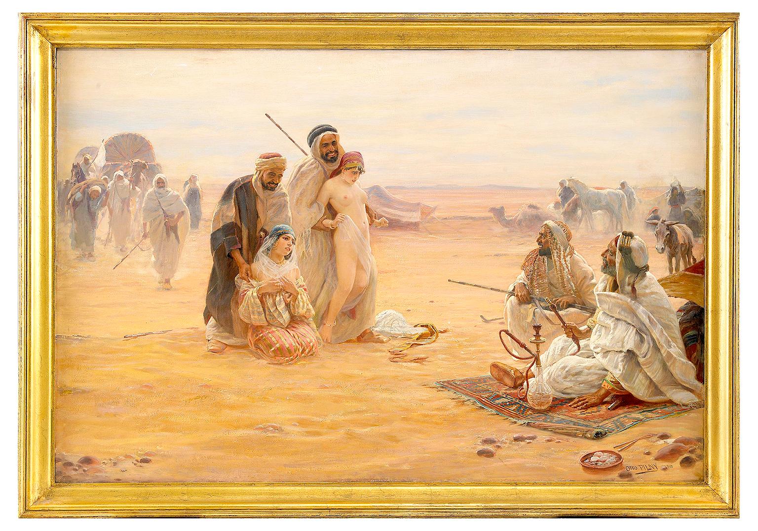 Figurative Painting di Otto Pilny - Un pregiato olio orientalista su tela "Il mercato degli schiavi", una scena nordafricana