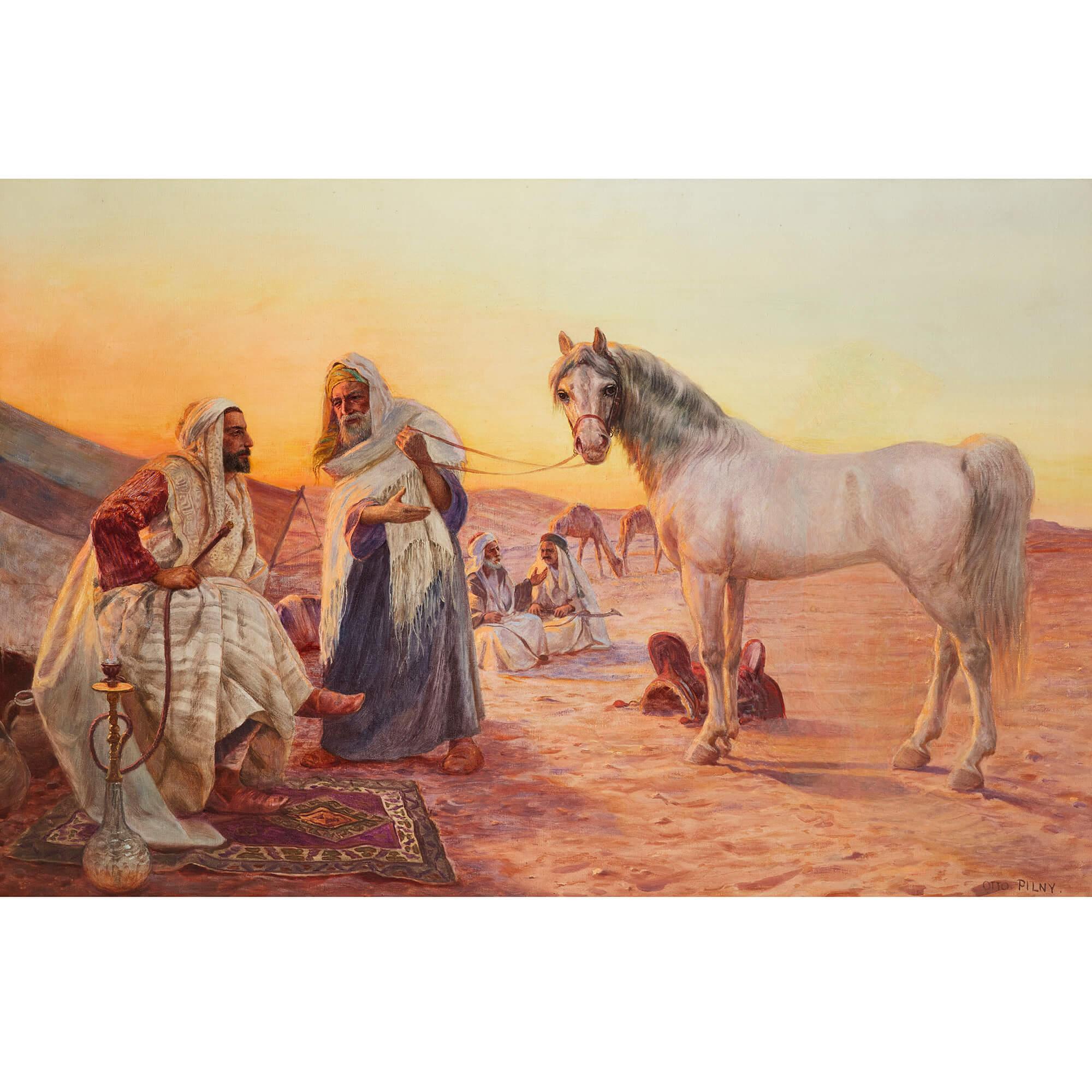 Orientalist oil painting depicting the trade of a horse by Pilny
Swiss, 1913
Canvas: Height 80cm, width 121cm 
Frame: Height 102cm, width 142cm, depth 6cm

This beautiful Orientalist painting depicts a trade negotiation within the desert. In the