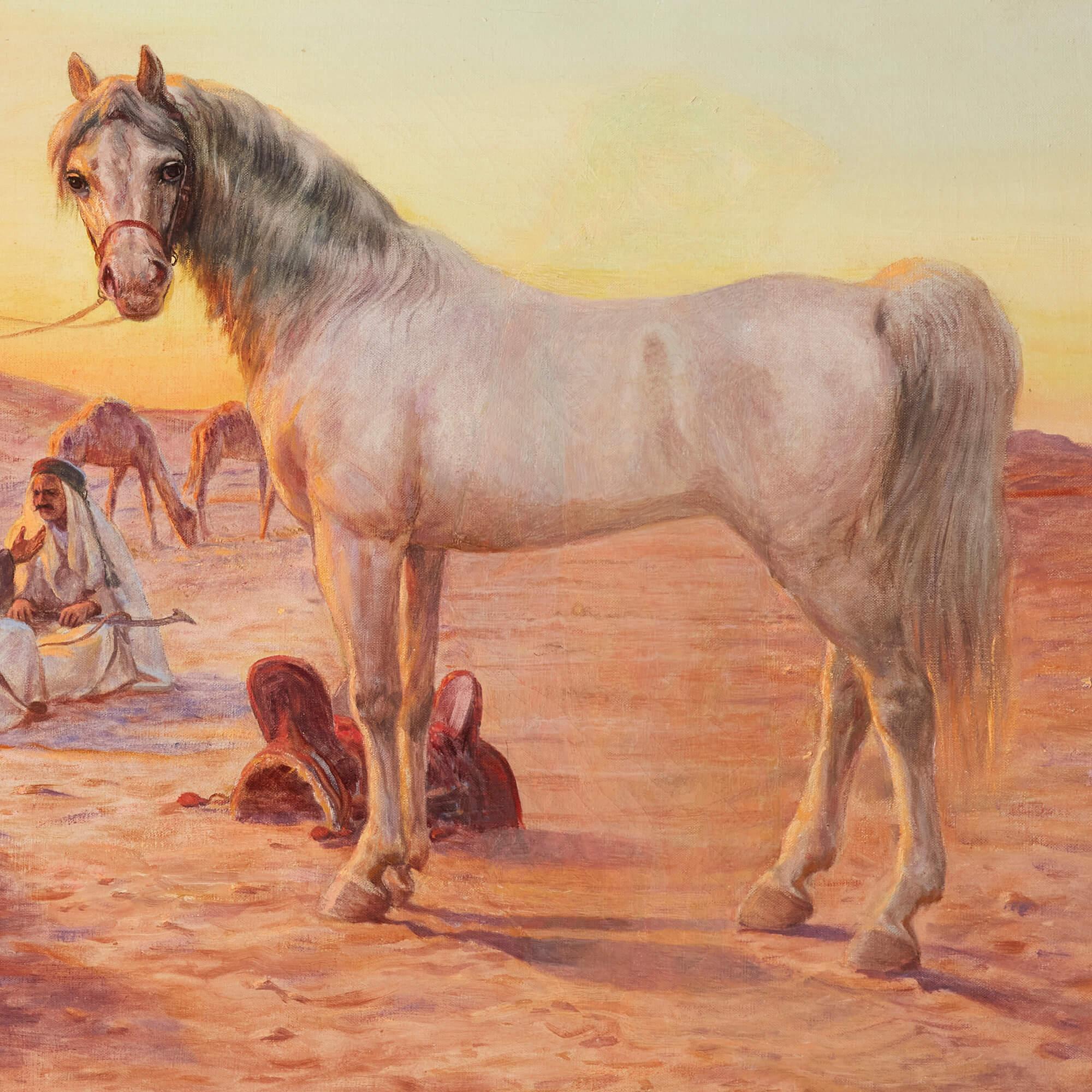 Orientalist Oil Painting Depicting the Trade of a Horse by Pilny For Sale 2