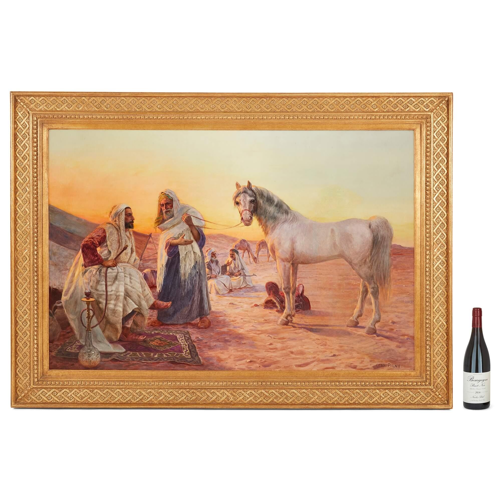 Orientalist Oil Painting Depicting the Trade of a Horse by Pilny For Sale 4
