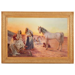 Antique Orientalist Oil Painting Depicting the Trade of a Horse by Pilny