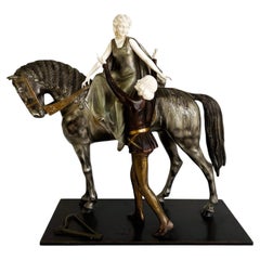 Otto Poertzel 1920s Bronze, Bone Horse Sculpture "The Minstrel & The Maiden"