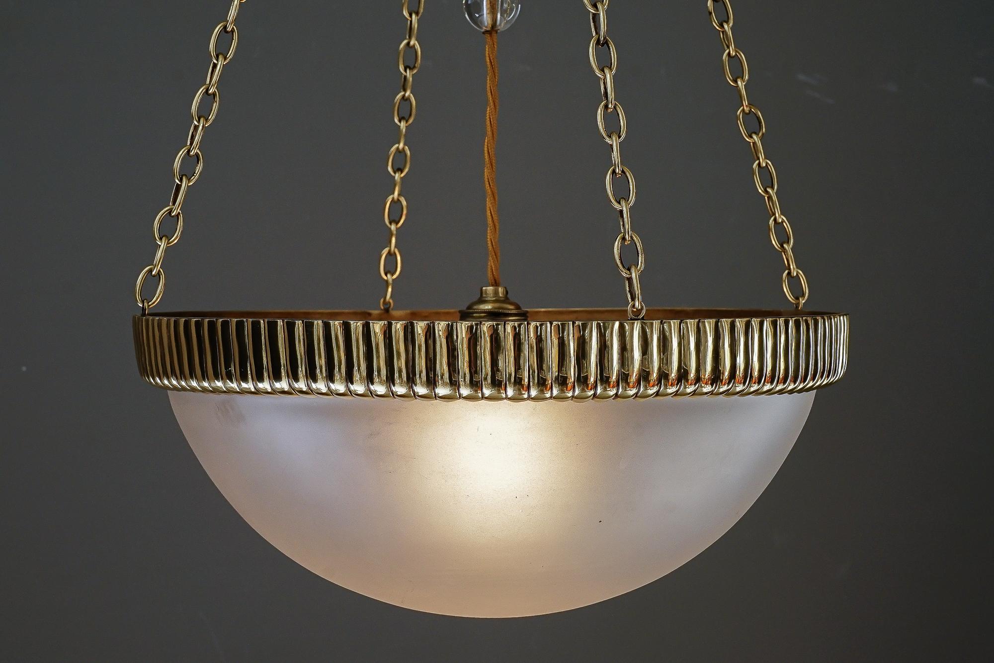Brass Otto Prutscher chandelier with original glass shade vienna around 1908 For Sale