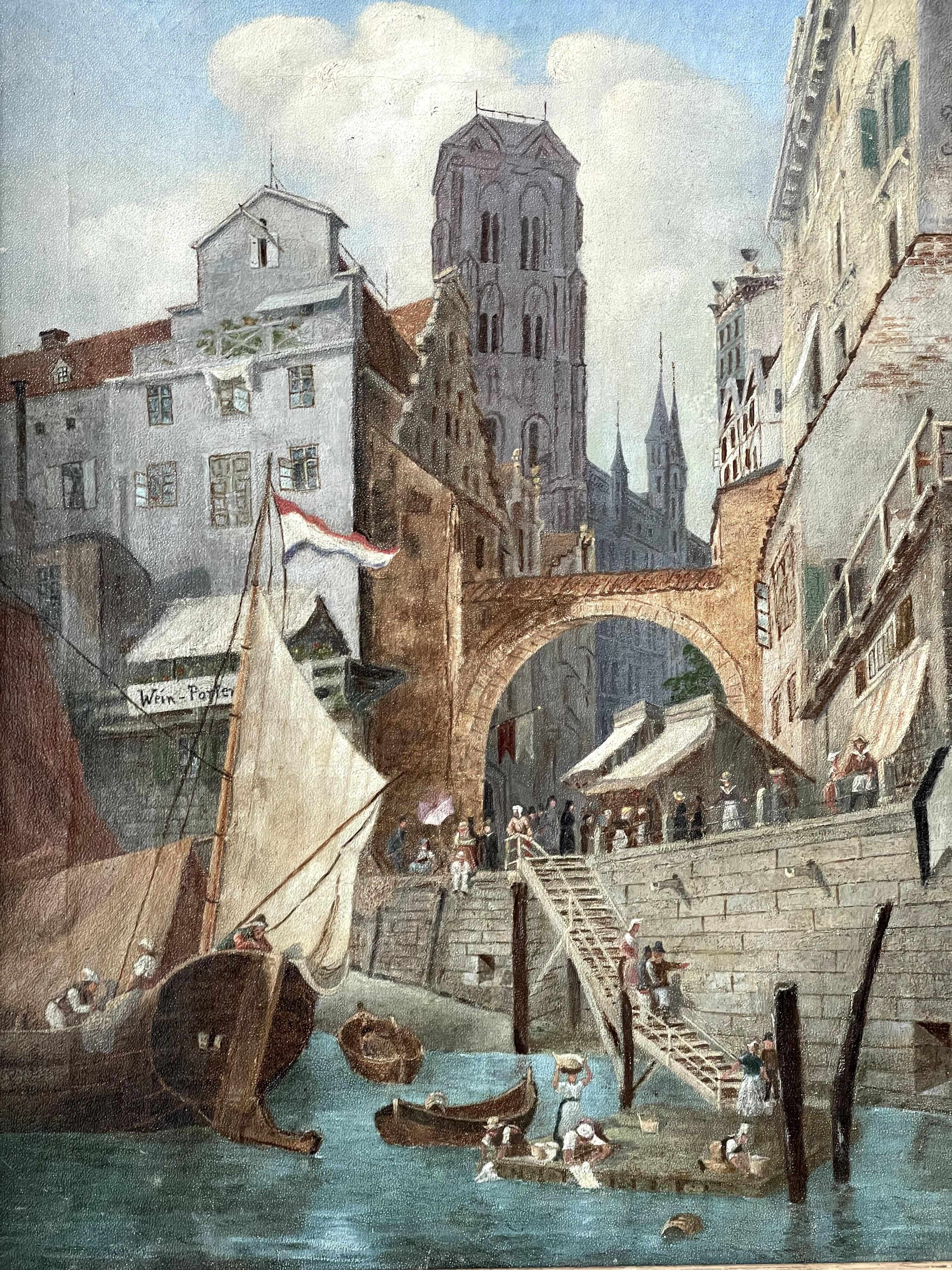 „Dutch City Dock Scene“ (Braun), Landscape Painting, von Otto Renner