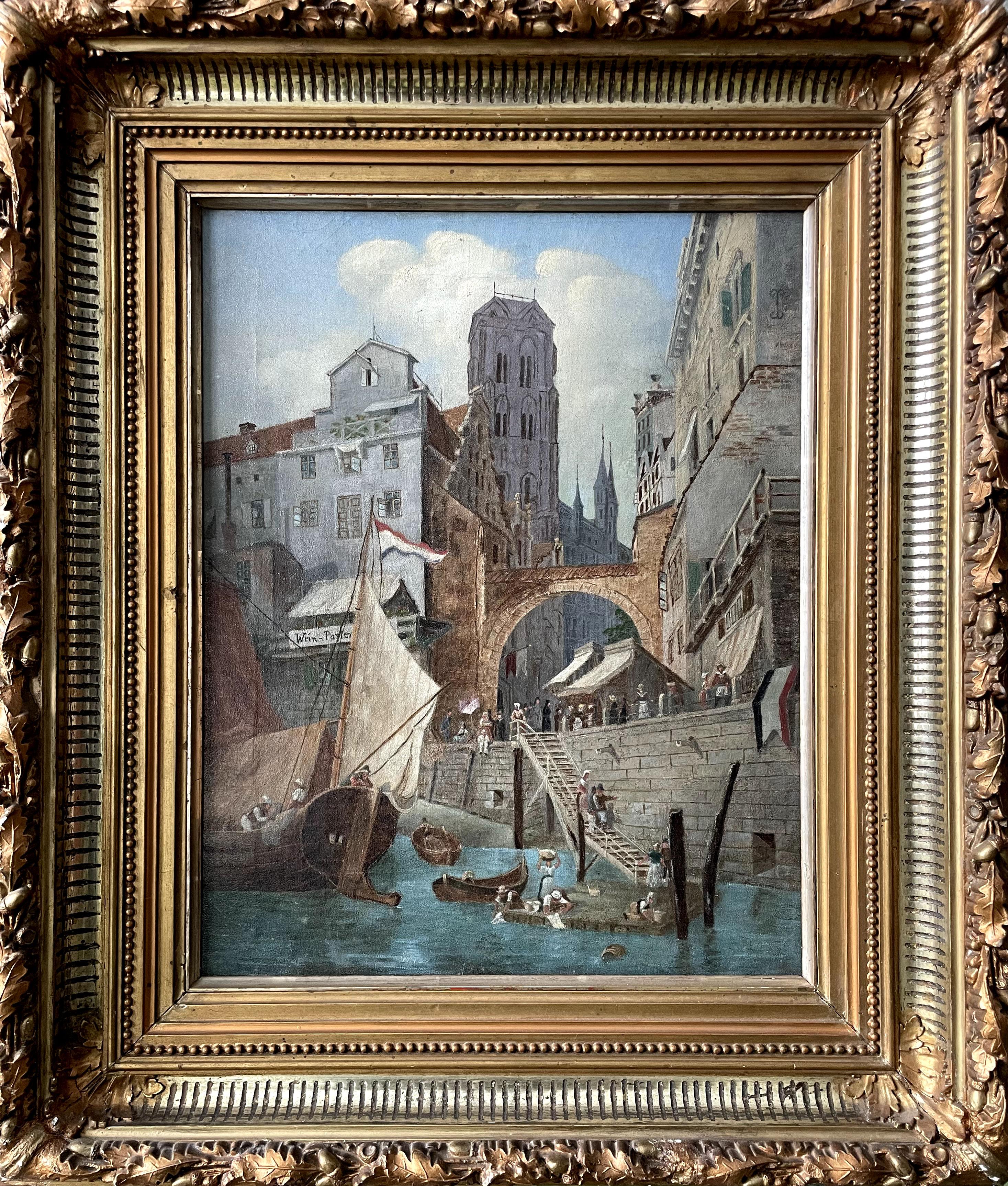 Otto Renner Landscape Painting – „Dutch City Dock Scene“