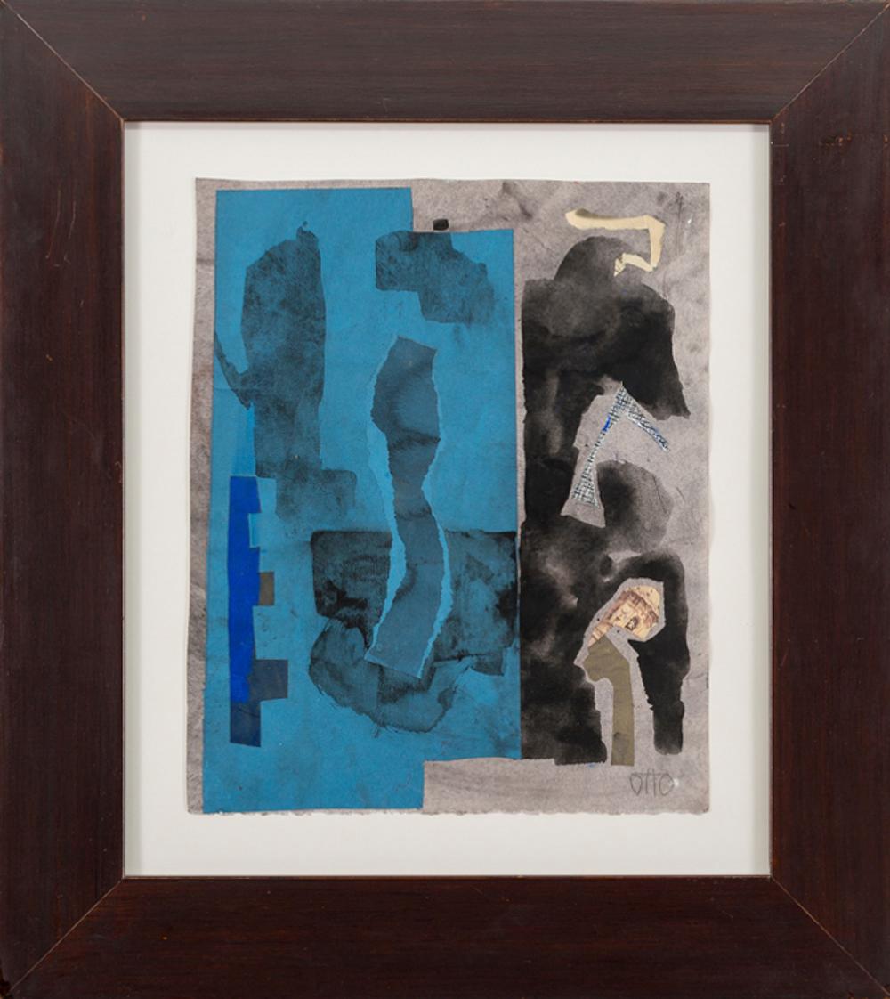 Otto Rogers Abstract Painting – Blaue Symphony – intime, abstrakte, kubistische Acrylcollage auf Papier