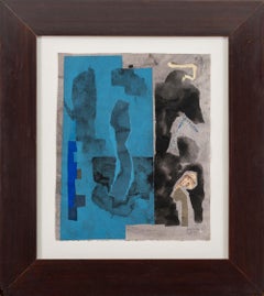 Blaue Symphony – intime, abstrakte, kubistische Acrylcollage auf Papier