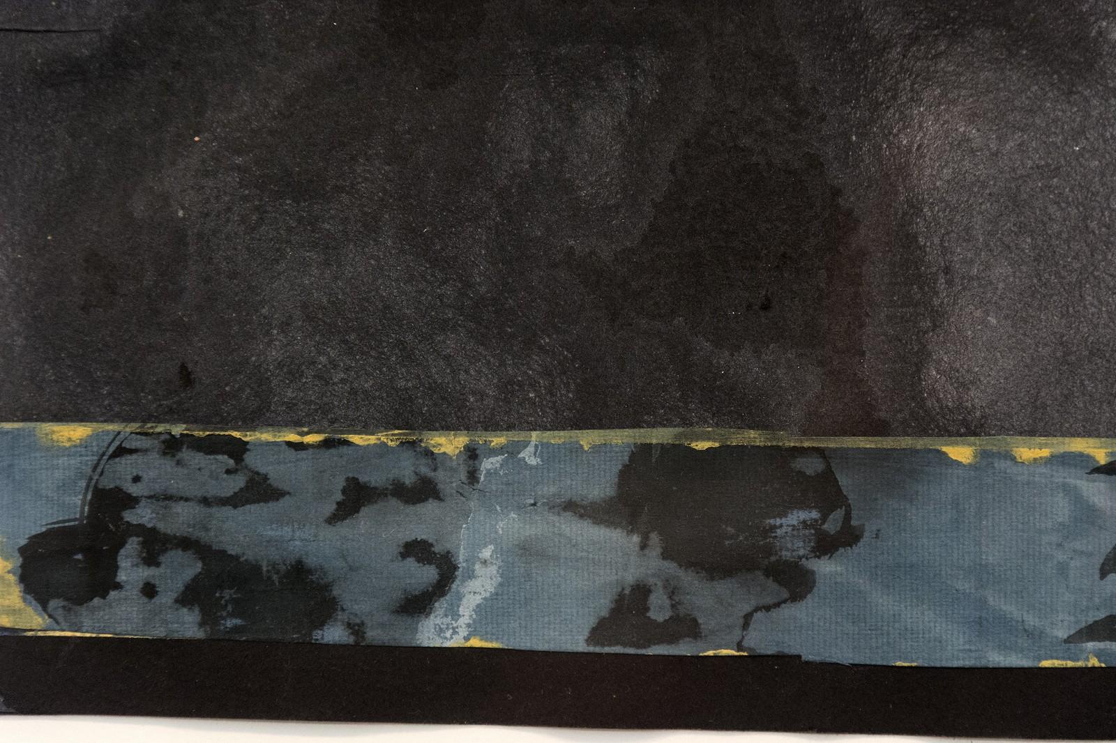 Meditation - dark, intimate, cubist, abstracted landscape, acrylic on paper - Gray Abstract Painting by Otto Rogers