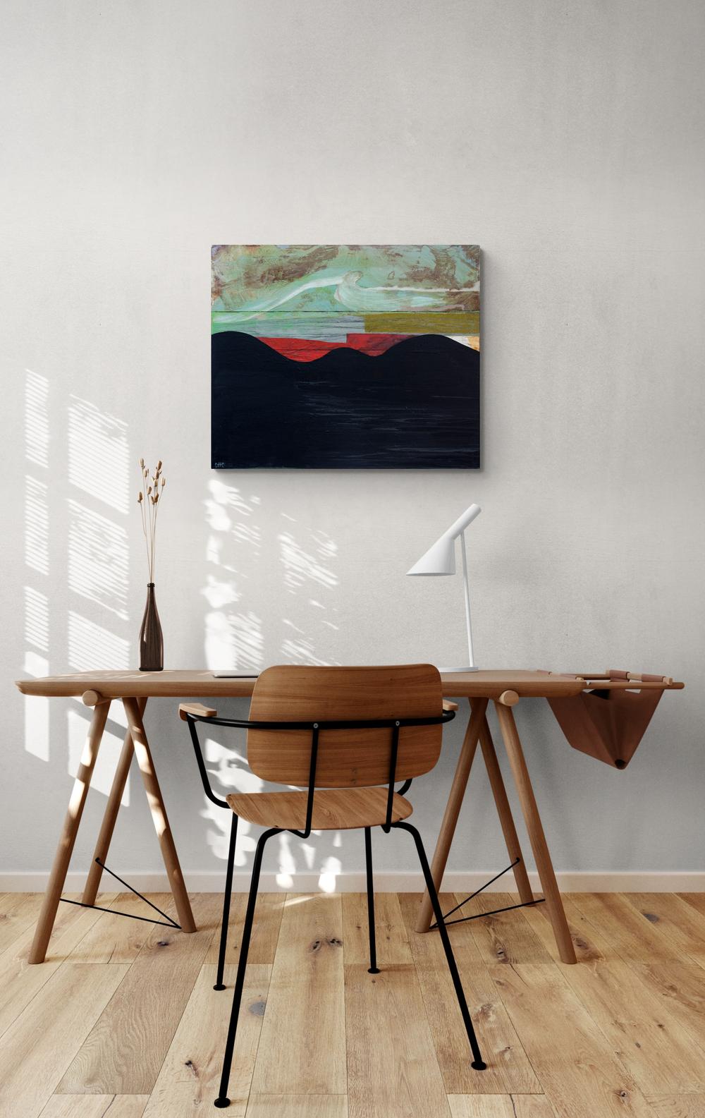 A rich black ground undulates at the horizon where it meets geometric passages of crimson, ochre, grey and peach in this acrylic canvas by Otto Rogers. A calligraphic swoop of brushed white, a passing cloud, completes this powerful