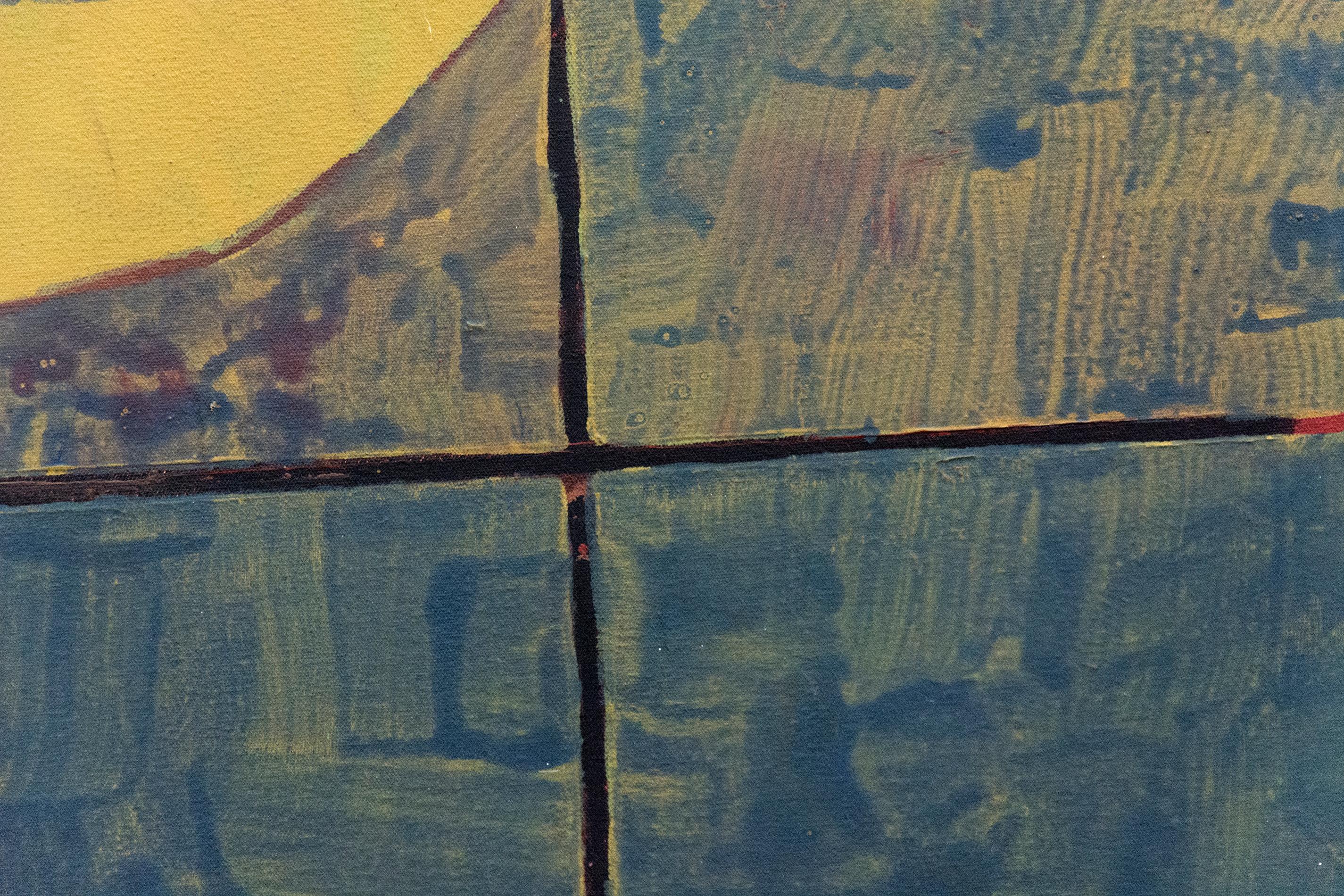 In diesem meisterhaften Acrylbild von Otto Rogers ist eine Blattform in strukturierte Passagen aus Rot, Moosgrün und Blau eingebettet. Diese lebendige und zugleich kontemplative Komposition, eines seiner letzten Gemälde, ist eine Erkundung des