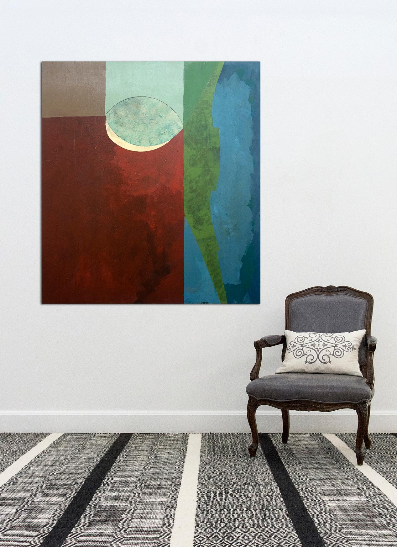 A leaf shape is poised within balanced passages of red, green and blue in this masterful acrylic by Otto Rogers. Painted in 2018, this vibrant yet contemplative composition is an exploration of the theme of motion in stillness using modernist forms.