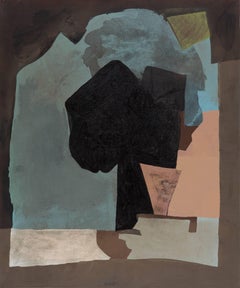 Single Tree in Moonlight - brown, blue, cubist, abstract, acrylic on canvas