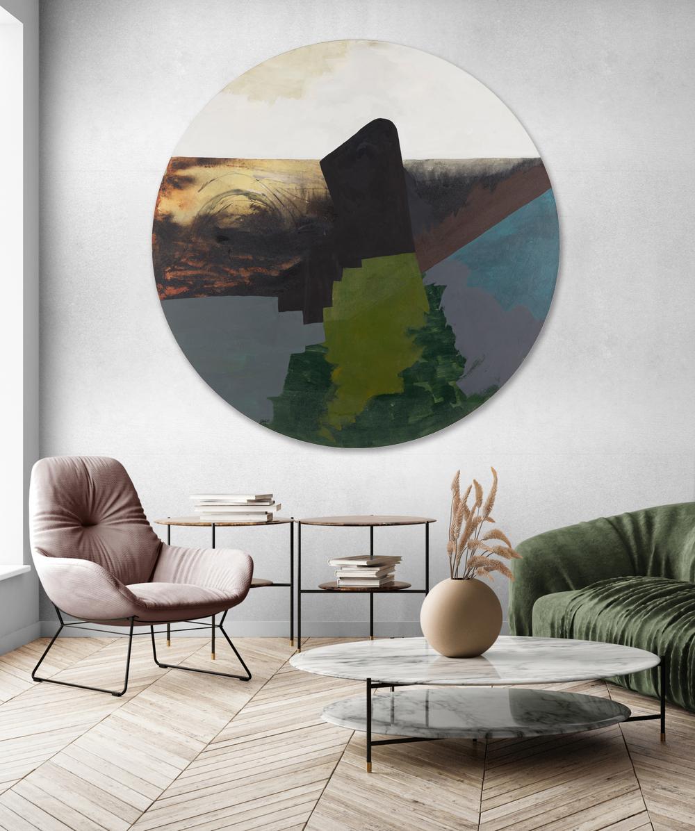 From a mauve ground in the lower aspect of this large tondo by Otto Rogers, passages of green and black rise and intersect earthy shapes at a cloudy horizon. The geometry of the tondo, Italian for round, concentrates attention on the center of the
