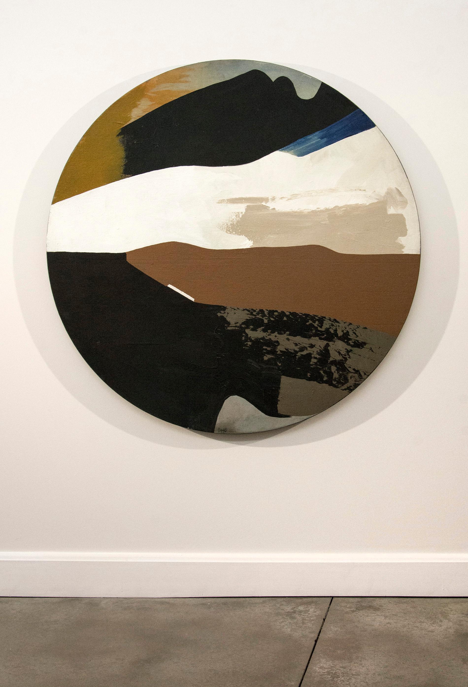 The dynamic beauty of the natural world inspired Canadian artist Otto Rogers. This striking painting’s waves of colour in earthy tones of blue, gold, brown, black and white is enhanced by its circular form. Saskatchewan born (1935-2019) Rogers was