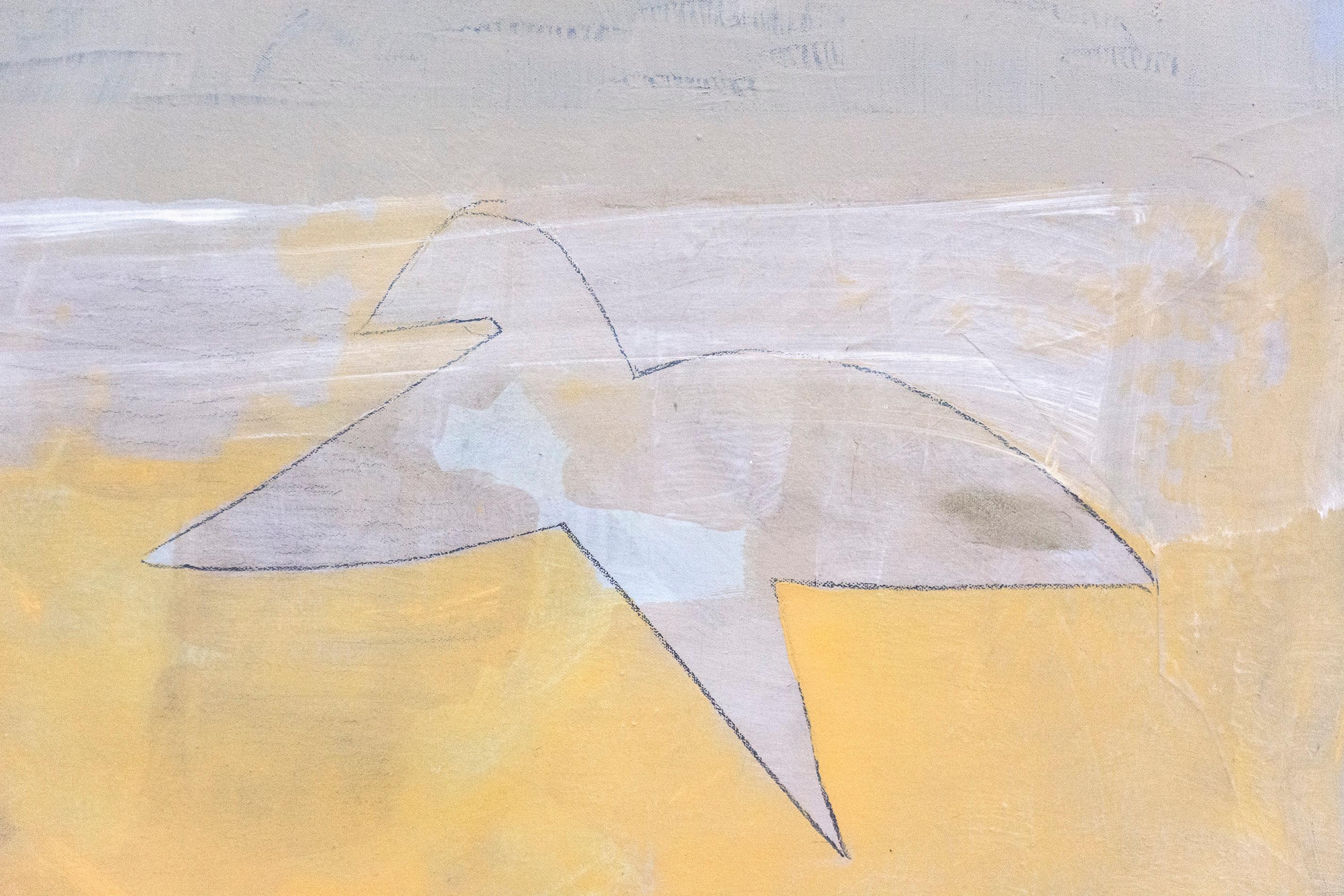 Gelbe Vogelbewegung - warme, helle, kubistische Landschaft, Acryl auf Leinwand im Angebot 1