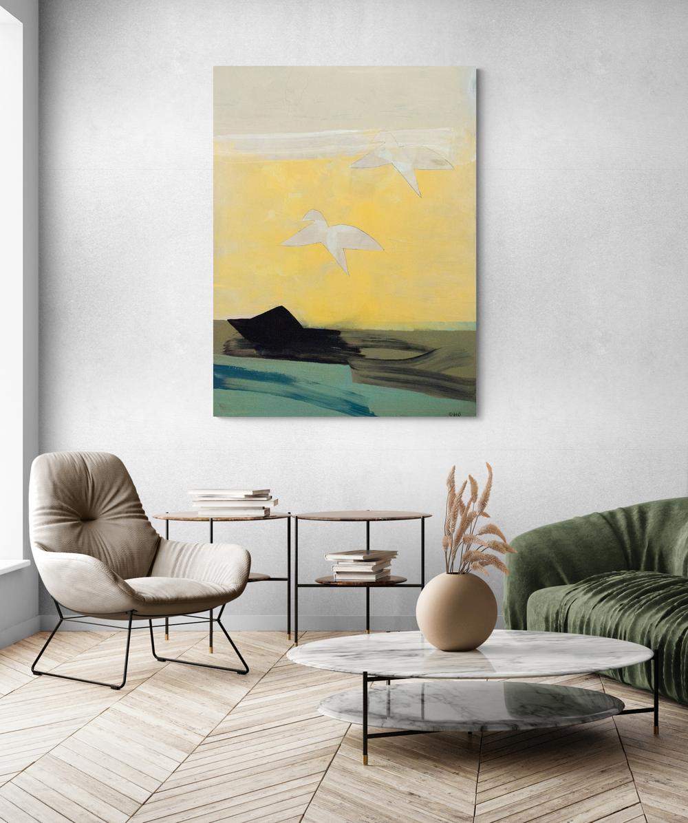 Mouvement d'oiseau jaune - paysage cubiste chaud, brillant, acrylique sur toile en vente 1