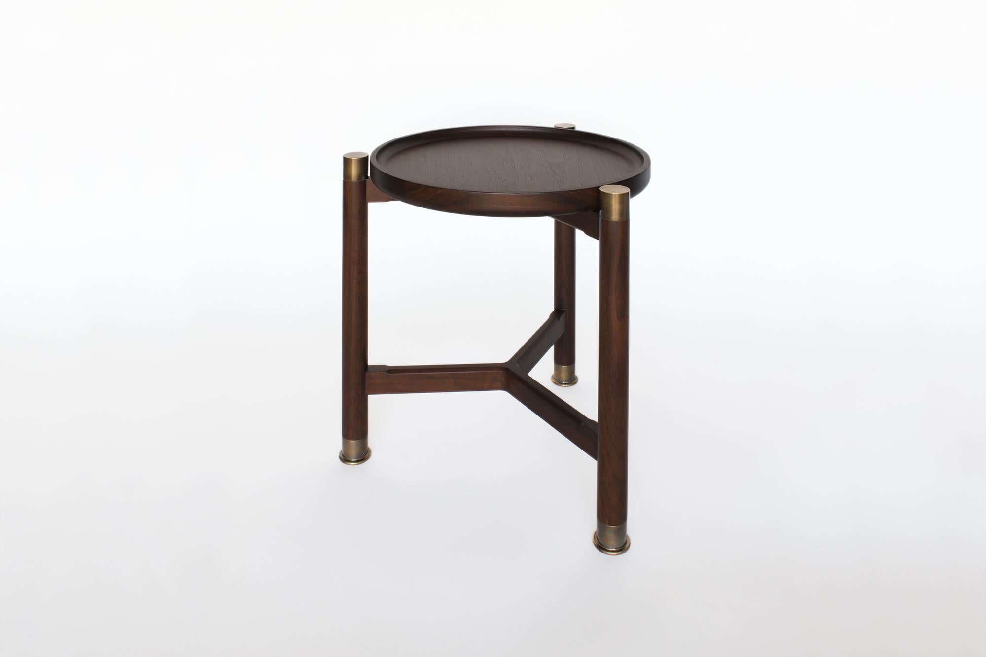 Modern Otto Round Accent Table in Medium Walnut with Antique Brass Fittings For Sale