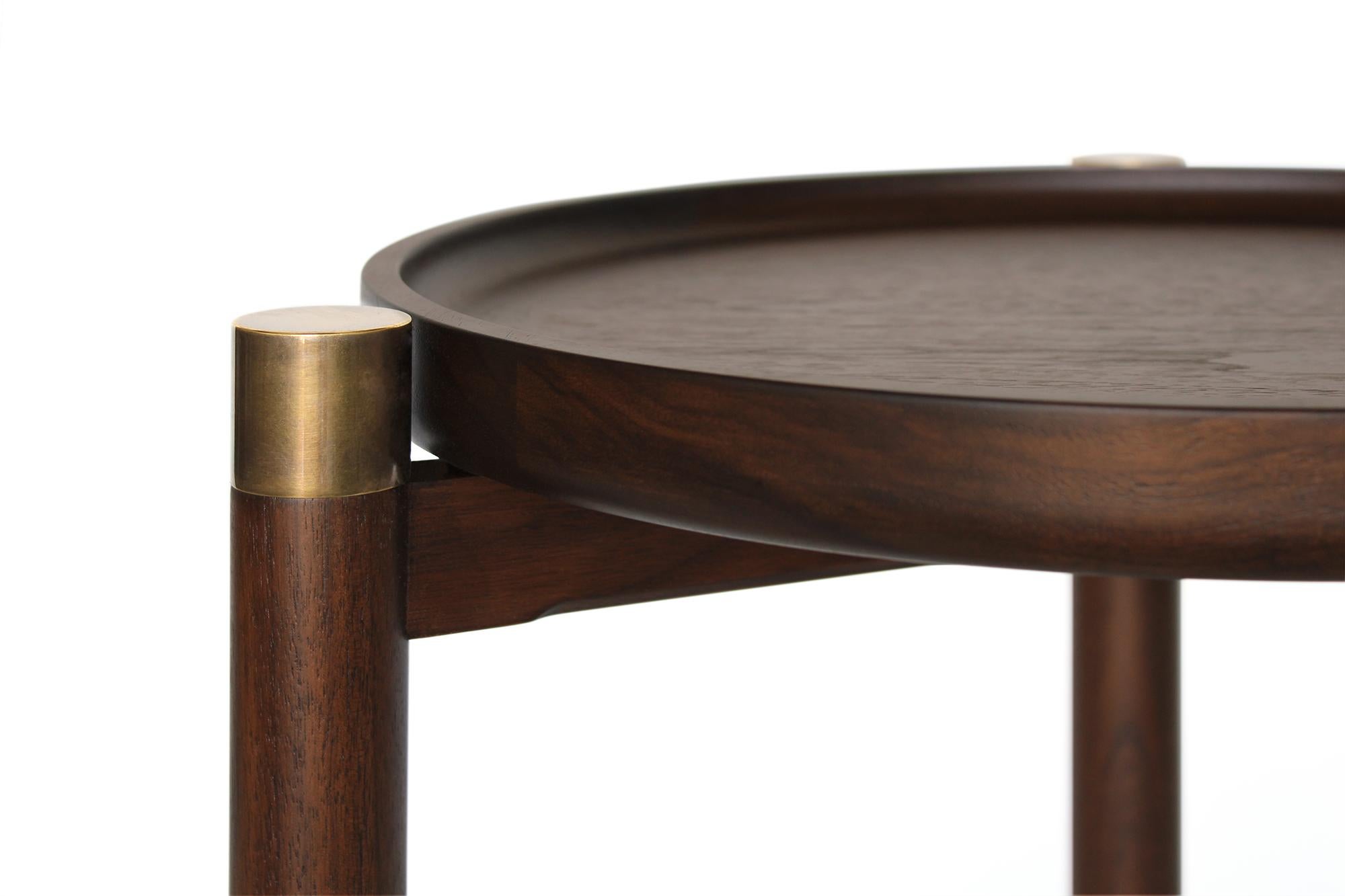 American Otto Round Accent Table in Medium Walnut with Antique Brass Fittings For Sale