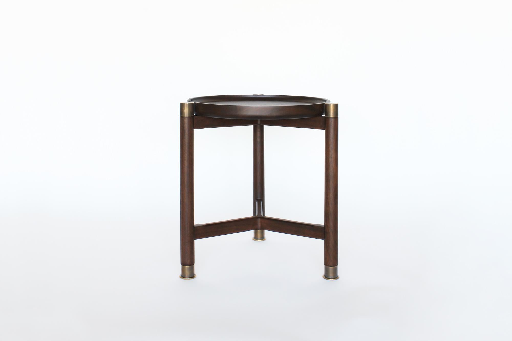 Otto Round Accent Table in Medium Walnut with Antique Brass Fittings In New Condition For Sale In Los Angeles, CA